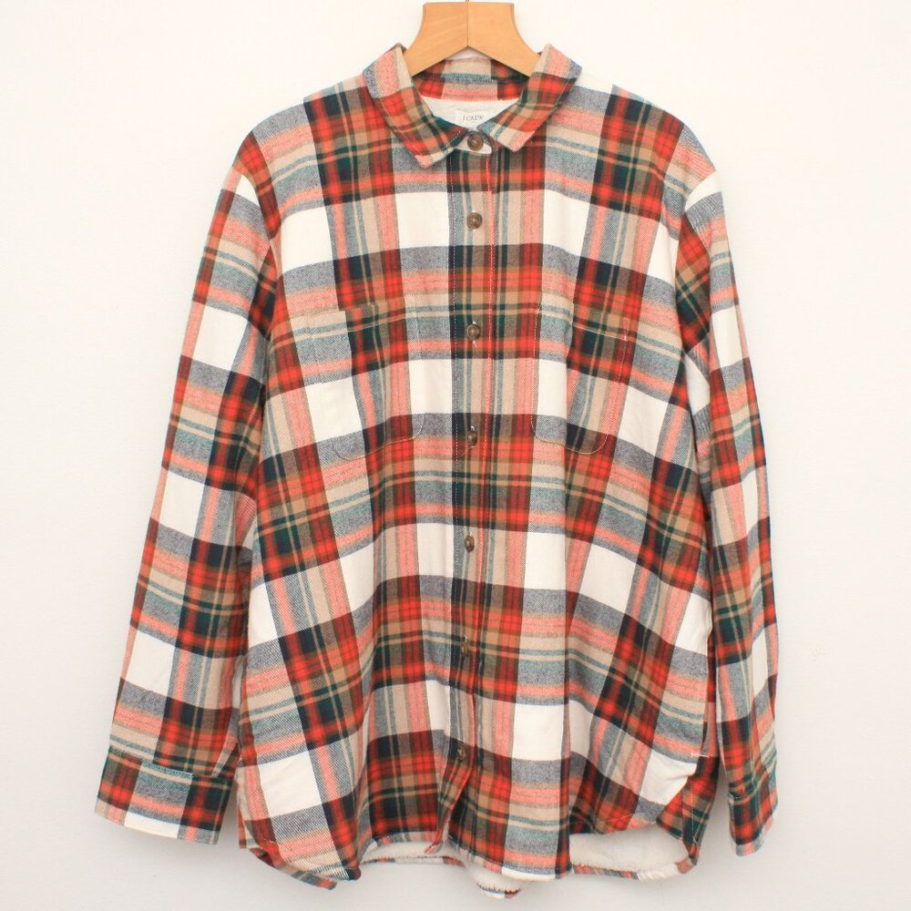 J. Crew Women's Sherpa-lined flannel shirt-sweater XXL Red Orange NWT